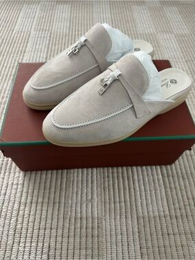 Loro Piana light grey Suede Slip-On Mule with Silver Hardware Size 39